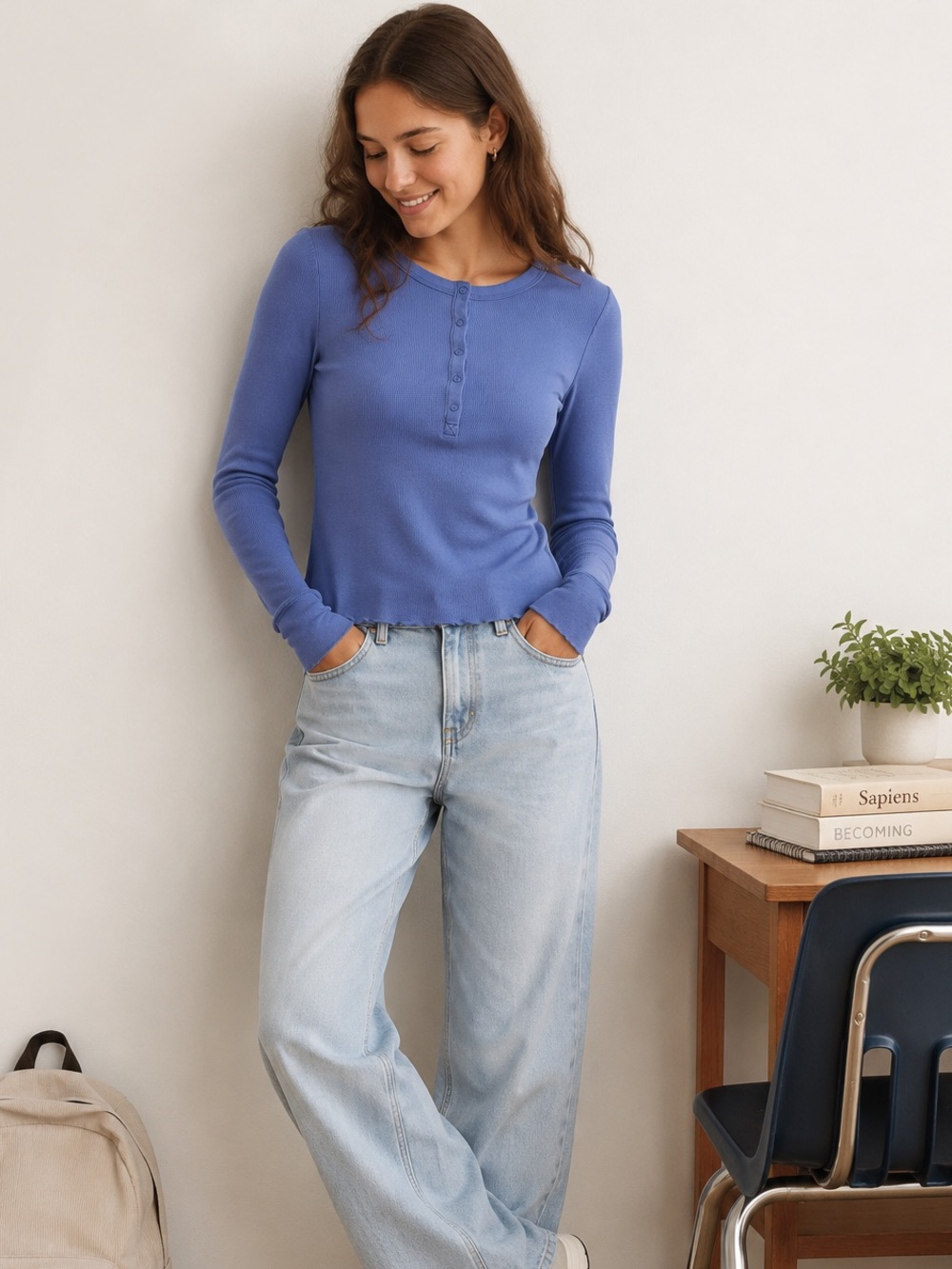 Aerie Long-Sleeve Ribbed Henley Top in Periwinkle Blue